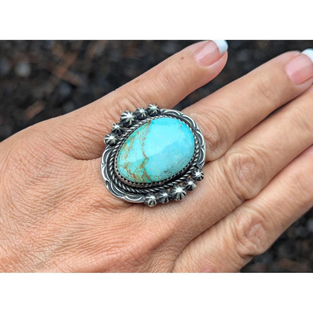 Navajo Jewelry Women's Ring Turquoise Native American‎ Signed sz 7.5 ***
